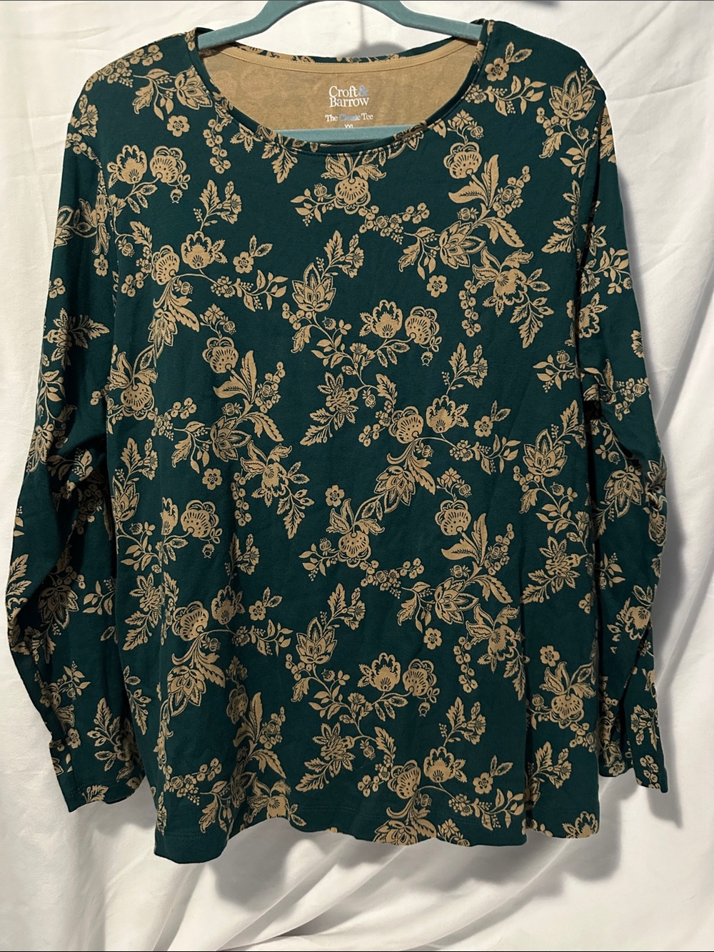 croft & barrow Green Floral Long-Sleeve Tee with Tan Print